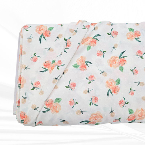 Beth's Exclusive Peach Rose Floral Poly Swiss Dot Fabric (sold by half yard)