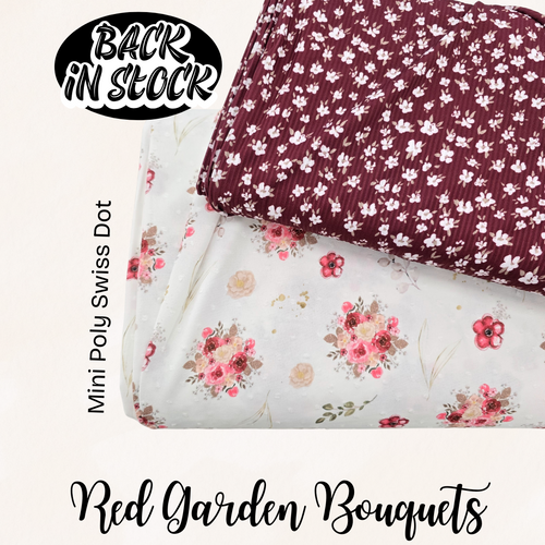 Beth's Exclusive Deep Pink and Gold Floral Poly Swiss Dot Fabric (sold by half yard)