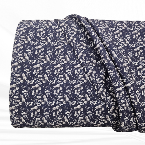 Navy Silver Eucalyptus Sprigs Polyester Fabric (sold by half yards)