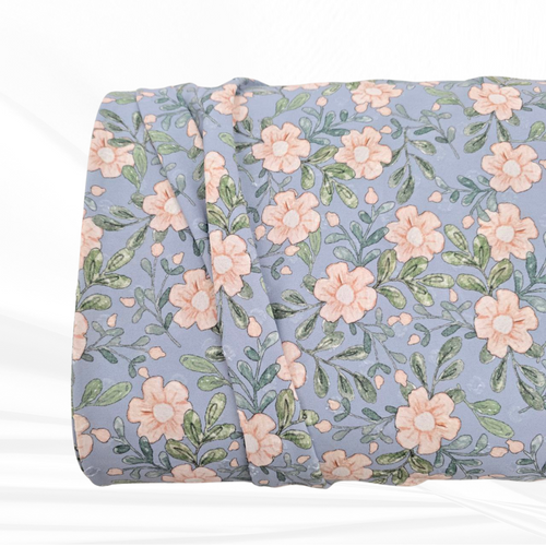 Beth's Exclusive Powder Blue with Peach Floral and Sprigs Round Poly Swiss Dot Fabric (sold by half yards)