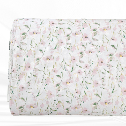 Beth's Exclusive Pink Petite Pansies and Lilies Round Poly Swiss Dot Fabric (sold by half yard)