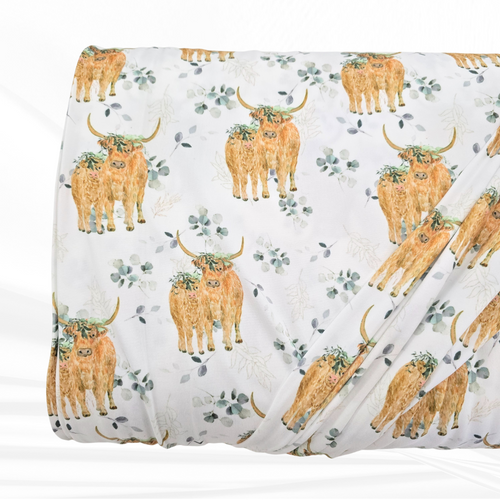 Beth's Exclusive Eucalyptus and Highland Cows Single Brushed DTY Fabric (sold by half yards)