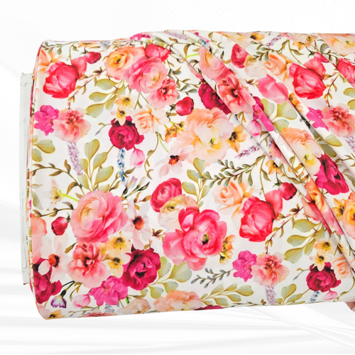 Beth's Exclusive Bright Flowers 4 Way Stretch Crinkle Poly Fabric (sold by half yards)