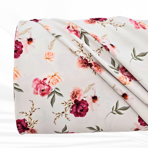 Beth's Exclusive Tan and Pink Double Rose Floral 4-way Stretch Crinkle Poly Fabric (sold by half yards)