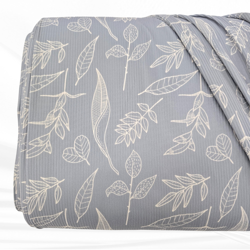 Dusty Denim Botanical Leaves Brushed Rib Knit Fabric (sold by half yards)