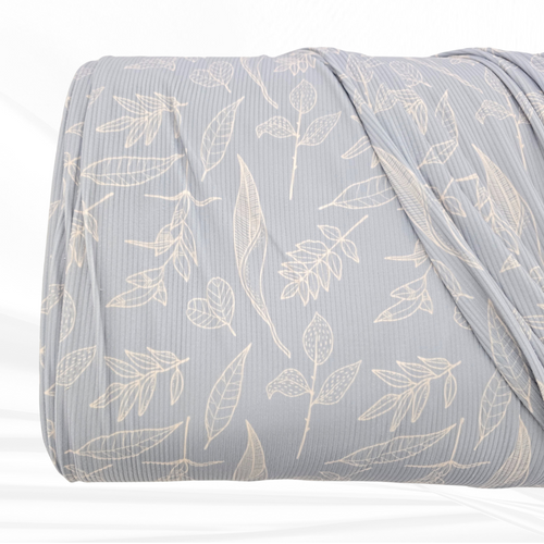 Powder Blue Botanical Leaves Brushed Rib Knit Fabric (sold by half yards)