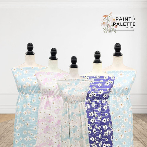 Beth's Exclusive Periwinkle Daisy and Stripe Oasis Penny Size Linen Swiss Dot Fabric (sold by half yards)