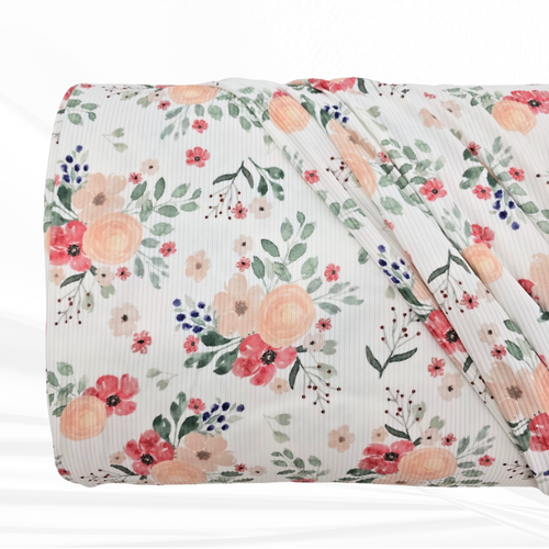 Beth's Exclusive Pink And Peach Flowers Rib Knit Fabric (sold by half yards)