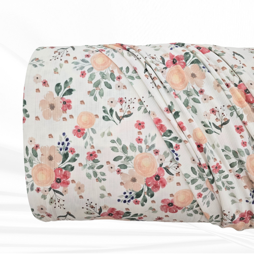 Beth's Exclusive Pink And Peach Flowers Variegated Rib Knit Fabric (sold by half yards)