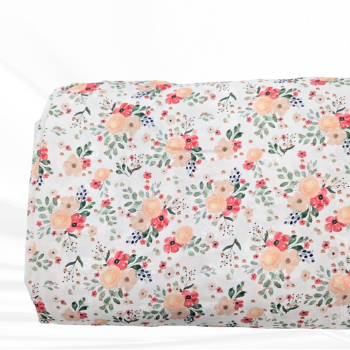 Beth's Exclusive Pink And Peach Flowers Penny Size Swiss Dot Fabric (sold by half yards)