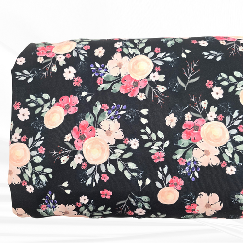 Beth's Exclusive Black, Pink, And Peach Flowers Penny Size Swiss Dot Fabric (sold by half yards)