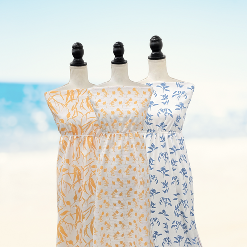 Large Golden Tropical Foliage Linen Penny Size Swiss Dot Fabric (sold by half yards)