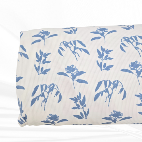 Powder Blue And White Tropical Foliage Brushed Rib Knit Fabric (sold by half yards)