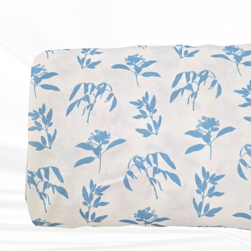 Dusty Blue Tropical Foliage Penny Size Linen Swiss Dot Fabric (sold by half yards)