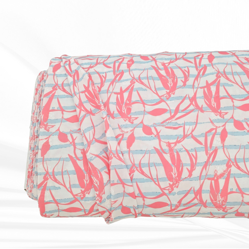 Aqua and Pink Tropical Foliage and Stripes Penny Size Linen Swiss Dot Fabric (sold by half yards)
