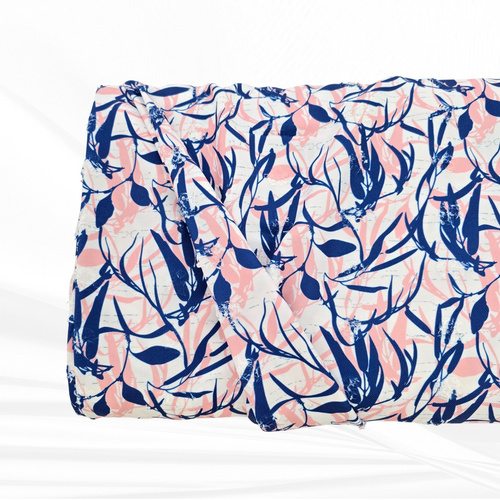 Navy and Salmon Tropical Foliage Penny Size Linen Swiss Dot Fabric (sold by half yards)