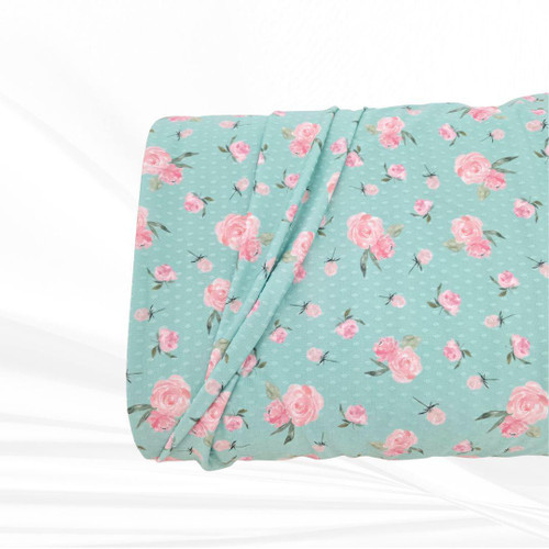 Mint and Pink Roses Knit Swiss Dot Fabric (sold by half yards)