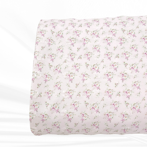 Pale Lilac Peony Bouquets Penny Size Linen Swiss Dot Fabric (sold by half yards)