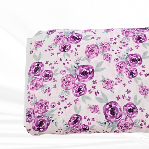 Beth's Exclusive Blush and Mauve Roses Penny Size Linen Swiss Dot Fabric (sold by half yards)