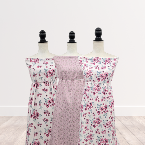 Light Mauve Peony Bouquets Penny Size Linen Swiss Dot Fabric (Sold by half yards)