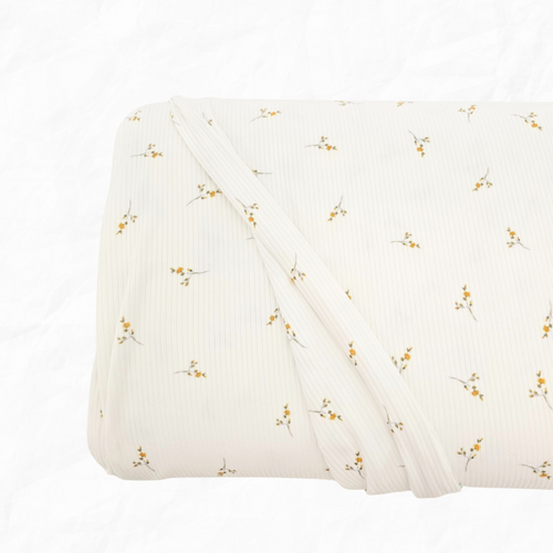 Beth's Exclusive Ditsy Gold Buds Brushed Rib Knit Fabric (Sold by half yards)