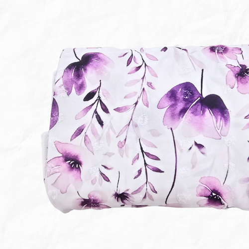 Orchid Floral Splash Penny Size Linen Swiss Dot Fabric (sold by half yards)
