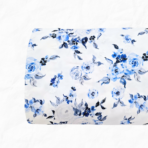 Blue Roses Fantasy Penny Size Linen Swiss Dot Fabric (sold by half yards)
