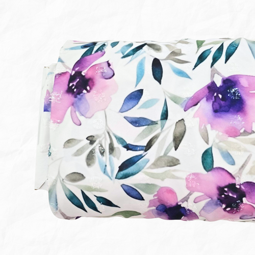 Splashy Violet Watercolor Floral Penny Size Linen Swiss Dot Fabric (sold by half yards)