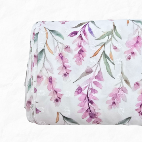 Lilac Floral Sprigs Penny Size Linen Swiss Dot Fabric (sold by half yards)