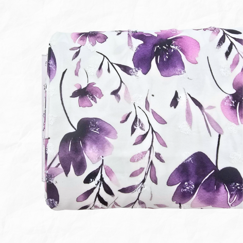 Dark Orchid Floral Splash Penny Size Linen Swiss Dot Fabric (sold by half yards)