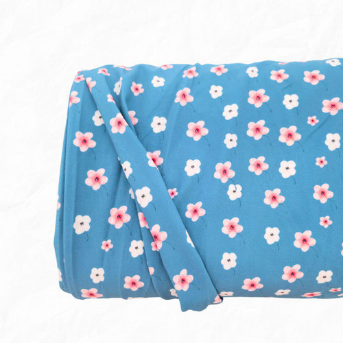 Beth's Exclusive Aqua With Pink And White Flowers 4 Way Stretch Crinkle Poly Fabric (sold by half yards)