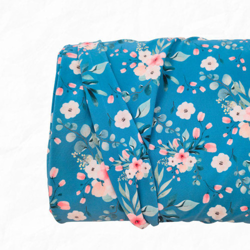 Beth's Exclusive Aqua With Leaves, Pink And White Flowers  4 Way Stretch Crinkle Poly Fabric (sold by half yards)