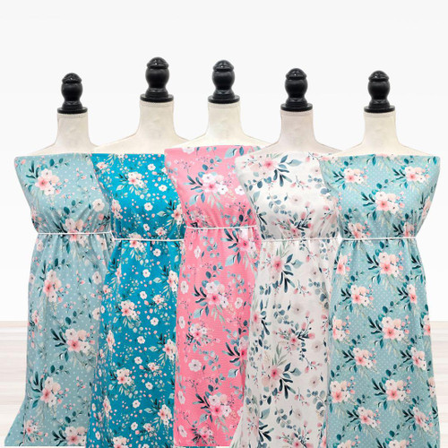 Beth's Exclusive Aqua With Dots And Flowers 4 Way Stretch Crinkle Poly (sold by half yards)