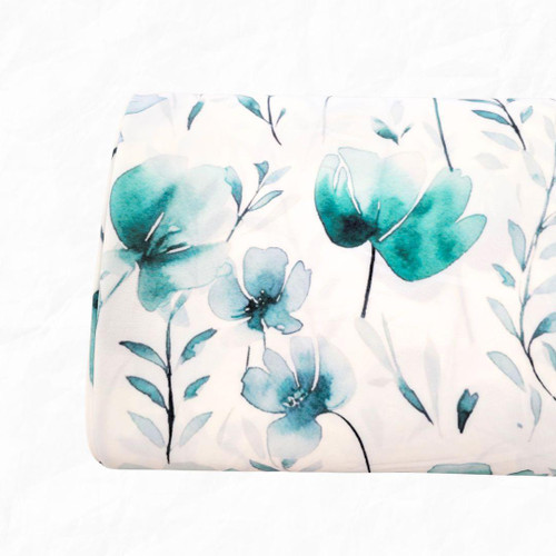 Beth's Exclusive Large Aqua Flowers 4 Way Stretch Crinkle Poly Fabric (sold by half yards)