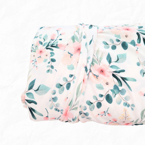 White With Pink Flowers And Eucalyptus Double Stretch Knit (sold by half yards )