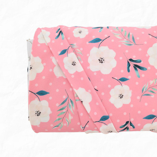 Beth's Exclusive Pink With Dots And Flowers Knit Swiss Dot Fabric (sold by half yards)