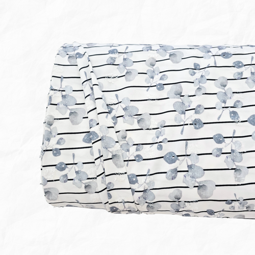 Beth's Exclusive Blue-Gray Eucalyptus + Stripes Penny Size Linen Swiss Dot Fabric (Sold by half yards)