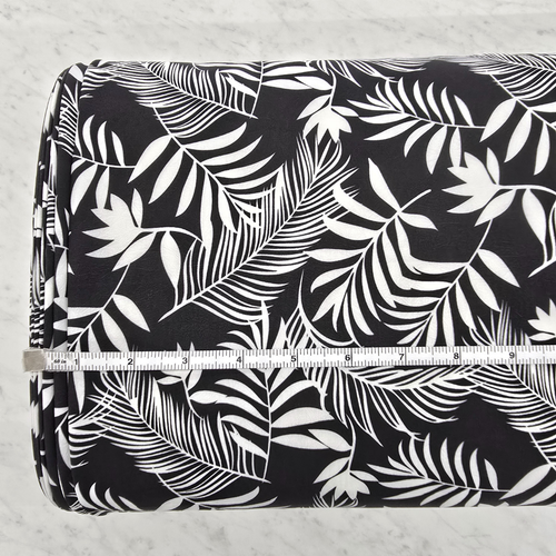 Beth's Exclusive Black Palm Leaves 4 Way Stretch Crinkle Poly Fabric (sold by half yards)