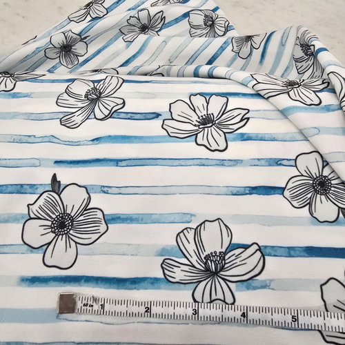 Beth's Exclusive Blue Stripes With Large Flowers on White 4 Way Stretch Poly Crinkle (sold by half yards)