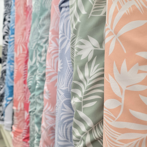 Beth's Exclusive White Palm on Light Sage 4 Way Stretch Crinkle Poly (sold by half yards)