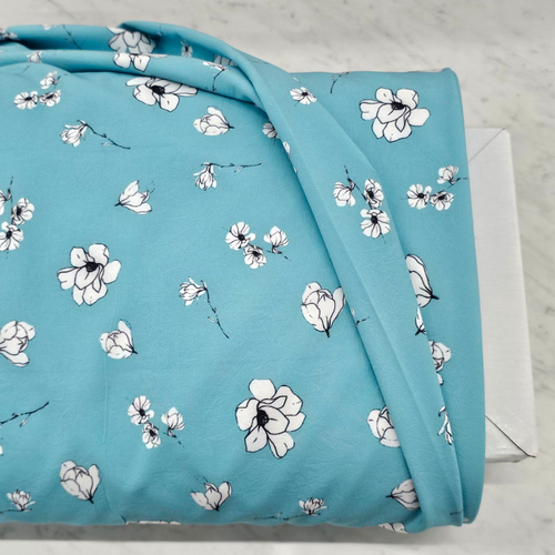 Beth's Exclusive Bud and Blooms on Aqua 4 Way Stretch Crinkle Poly (sold by half yards)