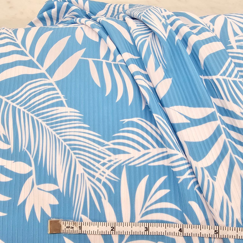 Beth's Exclusive White Palm Collection on Medium Blue Rib Knit (sold by half yards)