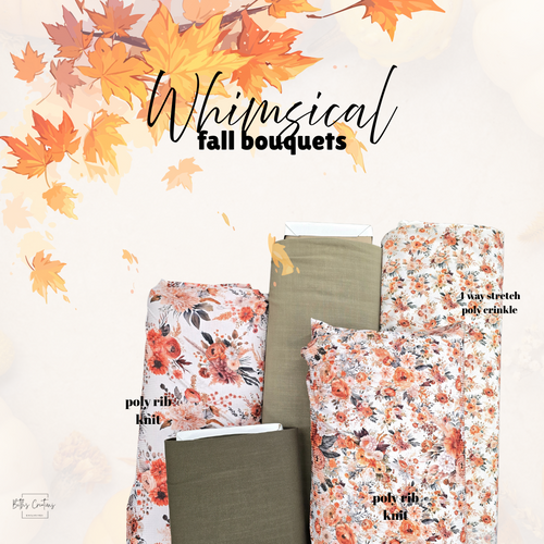 Beth's Exclusive Sweet Orange & Teal Fall Floral 4-way Stretch Crinkle Poly Fabric (sold by half yards)