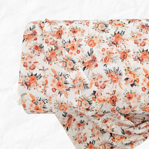 Beth's Exclusive Sweet Orange & Teal Fall Floral 4-way Stretch Crinkle Poly Fabric (sold by half yards)