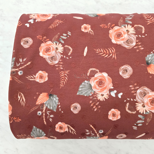 Beth's Exclusive Burgundy Bohemian Floral Round Poly Swiss Dot Fabric (sold by half yards)