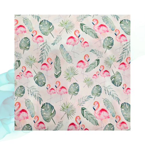 Beth's Exclusive Flamingo Splash on Soft Sunset Pink 4 Way Stretch Poly Crinkle (sold by half yards)