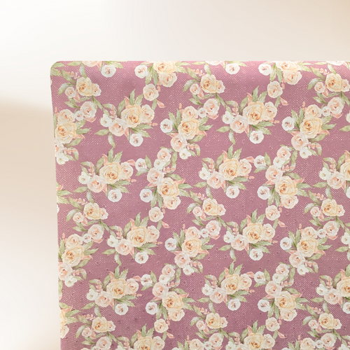 Beth's Exclusive Peach and Ivory Rose Garden on Freckled Mauve Round Poly Swiss Dot (sold by half yards)