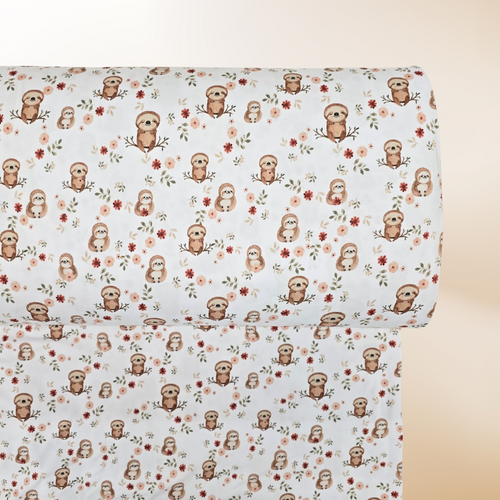 Beth's Exclusive Sleepy Sloth on White Double Brushed DTY (sold by half yards)