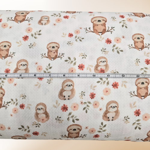 Beth's Exclusive Sleepy Sloth and Full Florals on White Missonia Knit (sold by half yards)