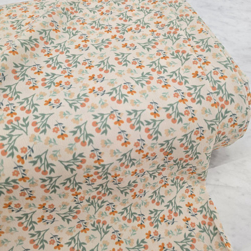 Tan Petite Autumn Floral Poly Crepe Stretch Fabric (sold by half yard)